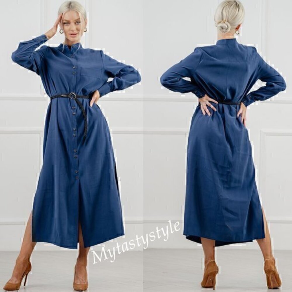 NWT Button-Front Stand Collar Blue Denim Color Belted Midi Shirtdress Size M